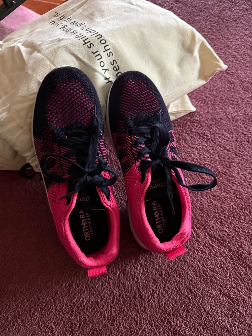 Orthopedic Knit Lace-Up Sneakers in Black and Hot Pink